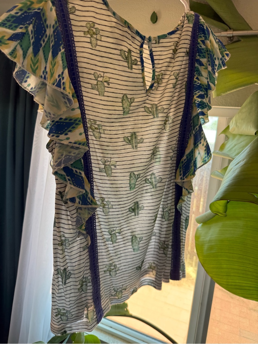 Anthropologie Striped Cactus Print Flutter Sleeve Top in Green and Blue